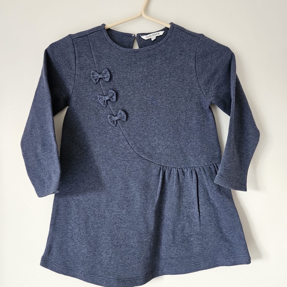 Blue Long Sleeve Dress with Bow Accents